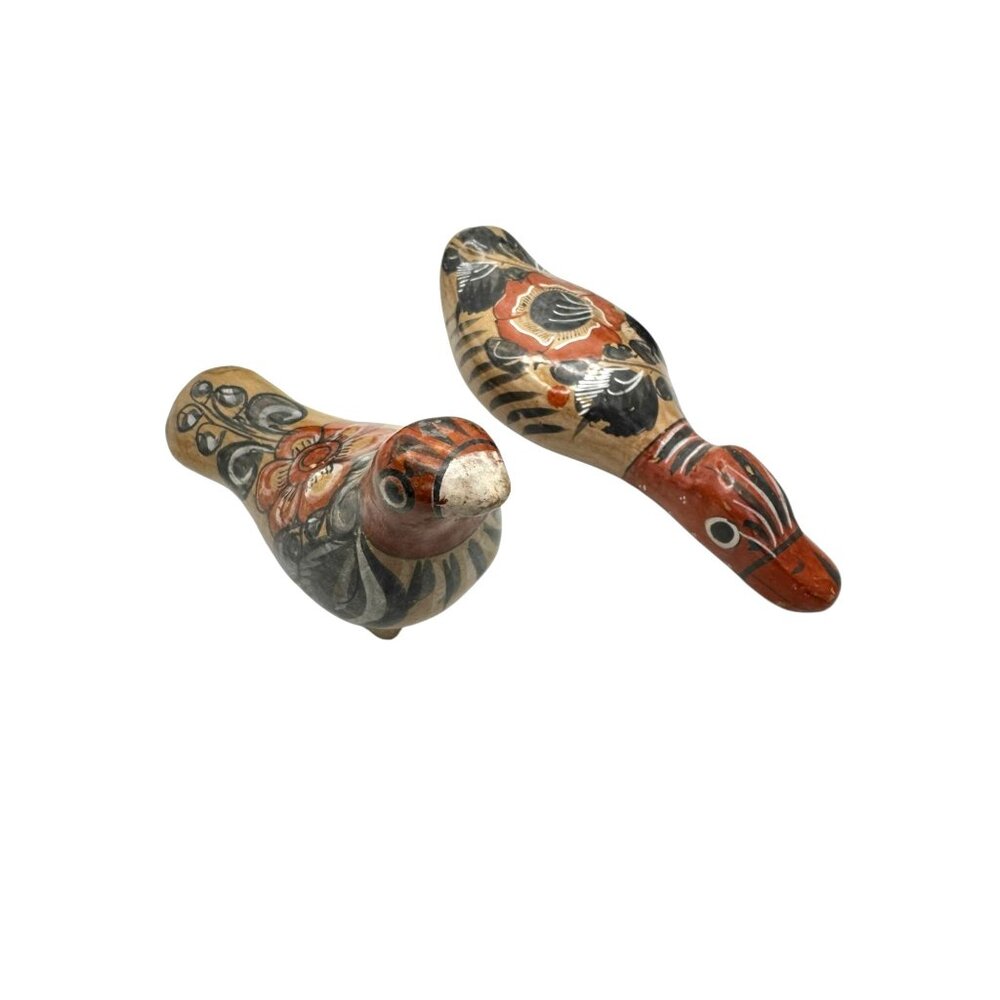 Vintage Mexican Pottery Tonala Folk Art Hand Painted Pair Of Birds